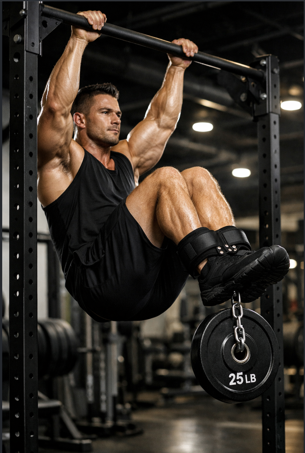 AbMaxx weighted ankle belt in action — hanging leg raise with 25lb plate